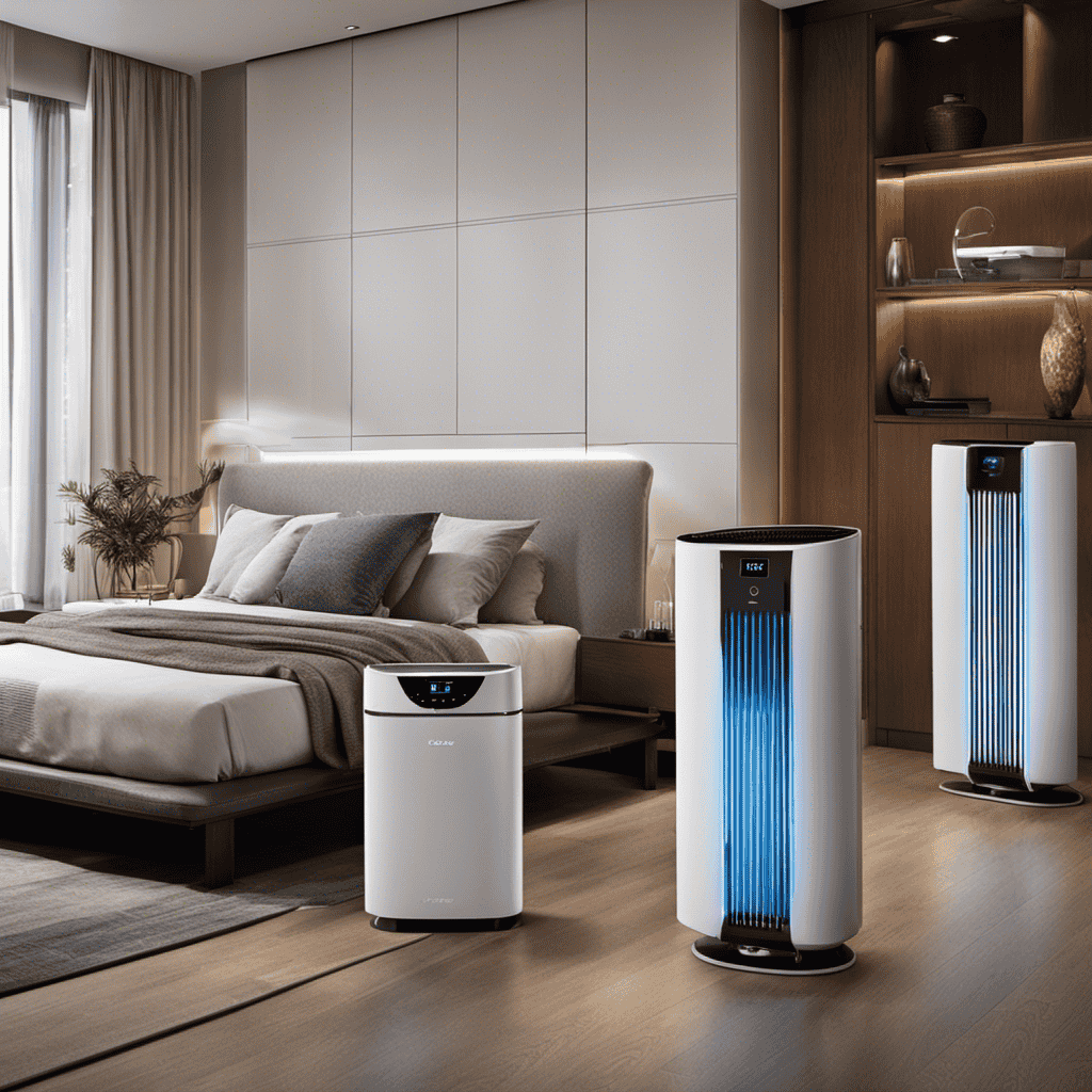 An image showcasing various room air purifiers side by side, each emitting clean, fresh air