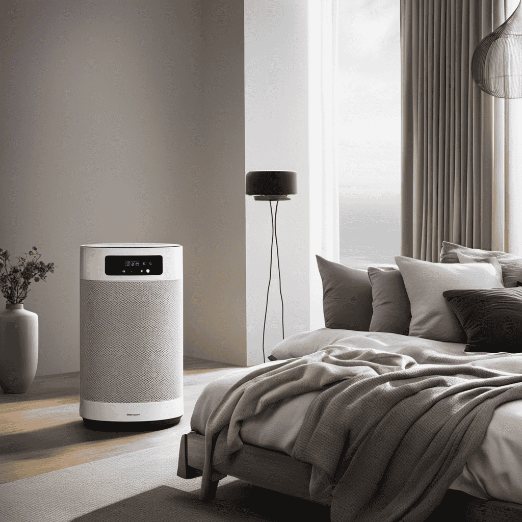 An image showcasing a serene bedroom setting with a sleek, modern air purifier and a stylish humidifier side by side