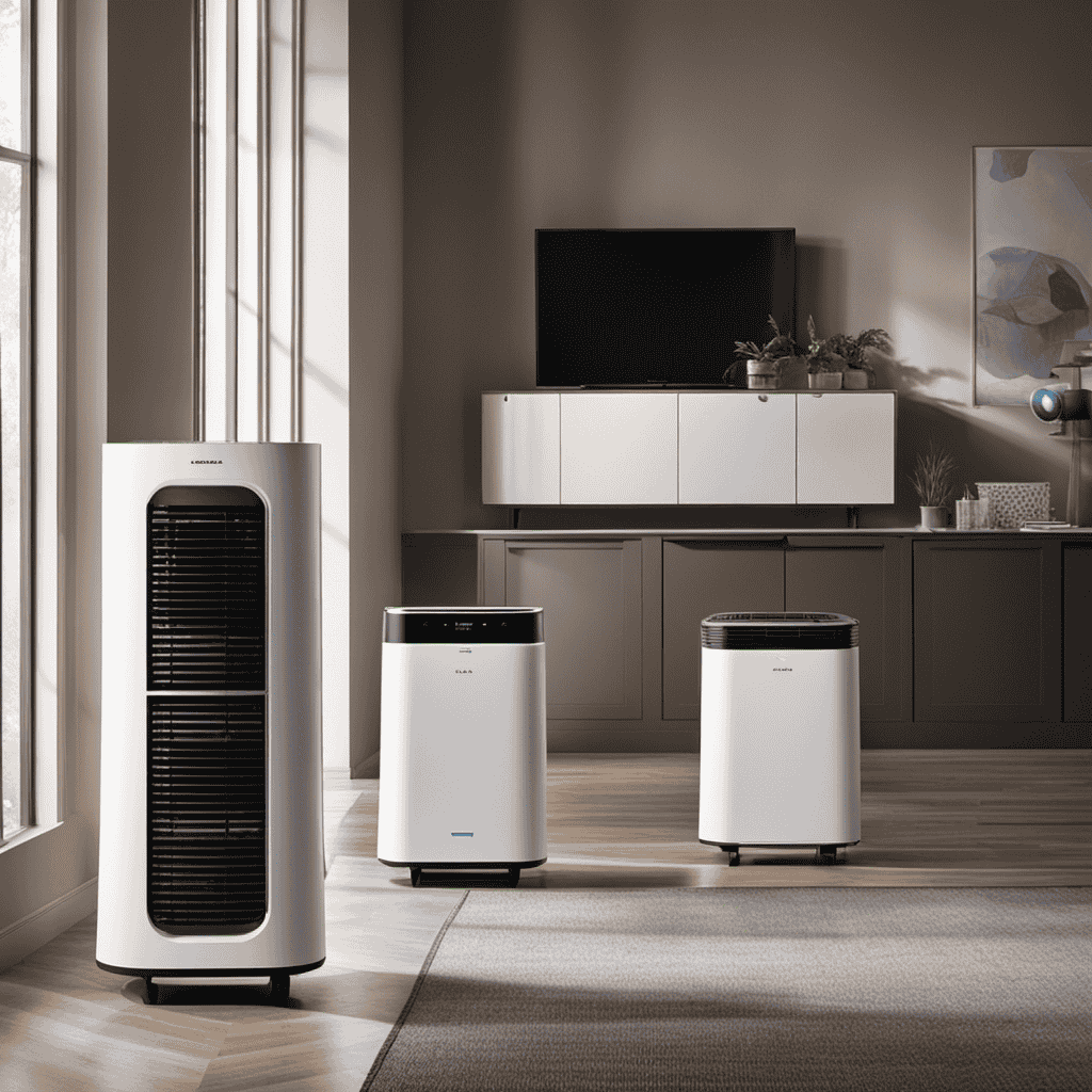 An image featuring three air purifiers side by side: a HEPA purifier with a pre-filter, an electrostatic precipitator with a large dust collection plate, and a mechanical purifier with a powerful fan and a mesh filter