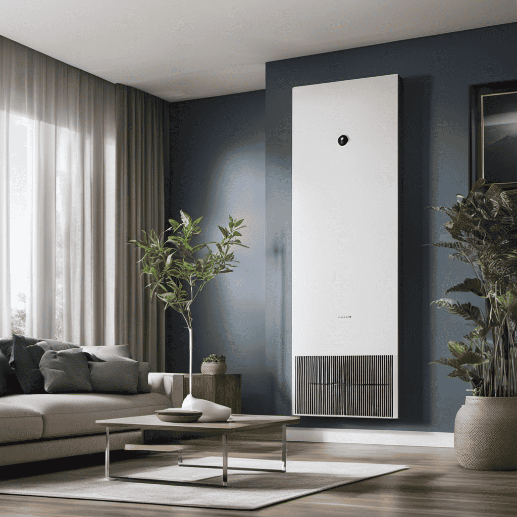 An image that showcases an air purifier in a room, clearly illustrating the direction of the air flow