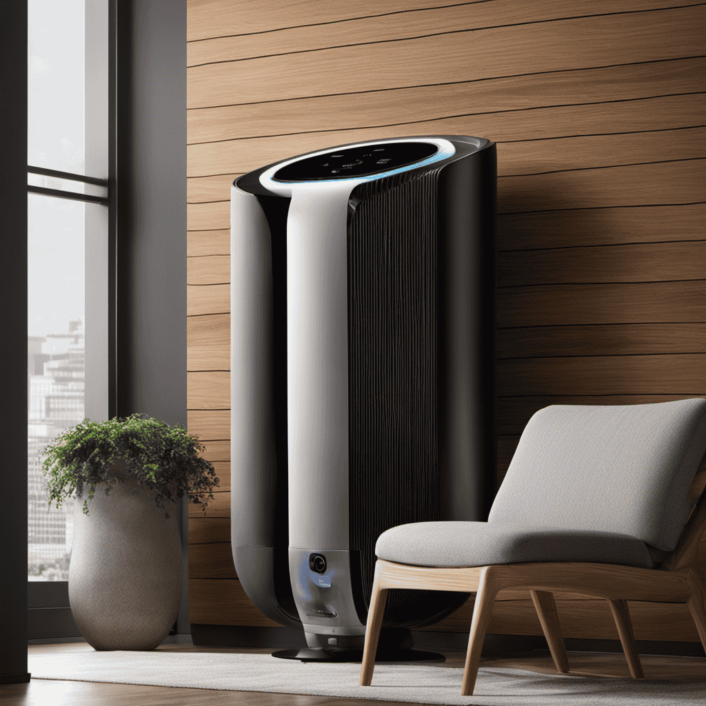 An image showcasing an air purifier placed against a wall, facing an open room