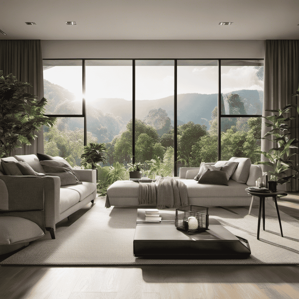 An image showcasing a serene living room with a large open window, sunlight streaming in