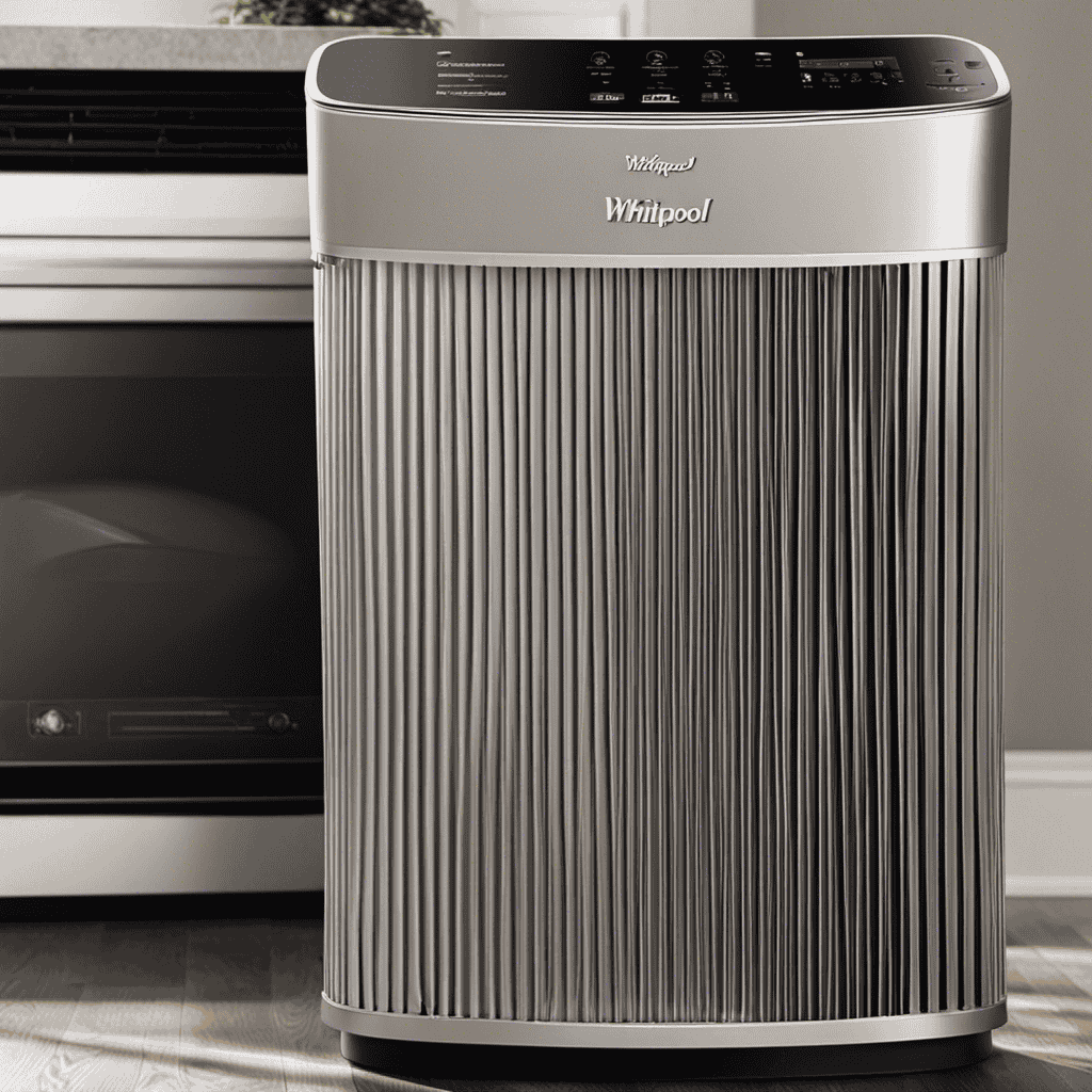 An image showcasing the Whirlpool Whispure Air Purifier with two side-by-side filters, one clean and the other clogged with dust, to visually demonstrate the importance of regular filter changes