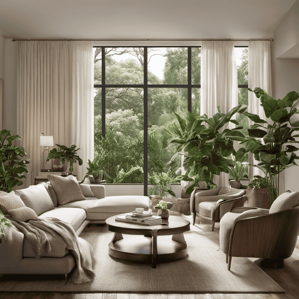 An image showcasing a serene living room, bathed in natural light, with a Filter Queen Air Purifier quietly blending into the décor