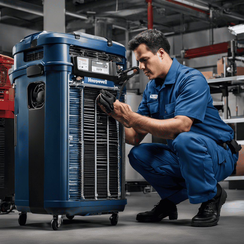 An image that portrays a skilled technician, wearing a blue uniform and holding a toolbox, confidently repairing a Honeywell Air Purifier with focused concentration, amidst a backdrop of neatly arranged air filter components
