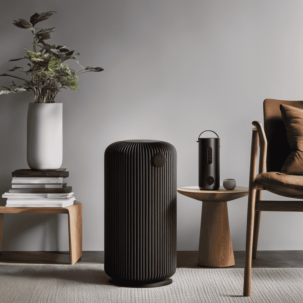 An image featuring a close-up shot of the sleek, modern Molekule Air Purifier, highlighting its elegant design with minimalistic curves, a matte black finish, and a discreet control panel