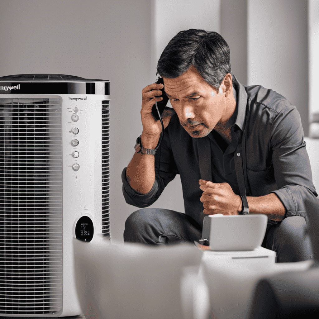 An image showcasing a frustrated individual holding a malfunctioning Honeywell air purifier, with a puzzled expression and a phone in their other hand, ready to dial Honeywell's customer service number