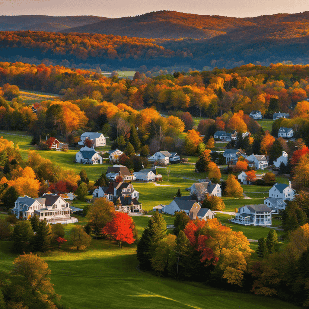 An image showcasing the picturesque town of Marathon, New York, with a stunning backdrop of rolling hills and charming houses