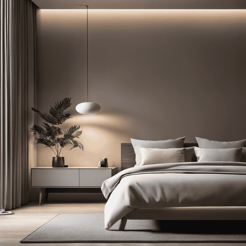 An image showcasing a sleek, minimalistic air purifier seamlessly blending into a serene bedroom setting