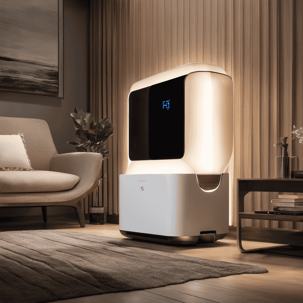 An image showcasing a pristine living room with a gleaming, state-of-the-art air purifier seamlessly integrated into the decor