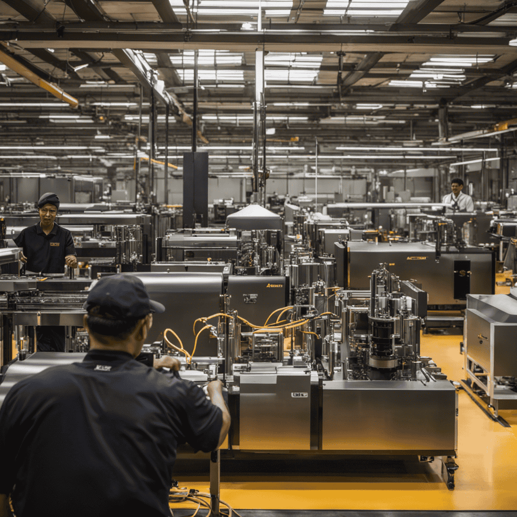 An image showcasing the intricate assembly process of a Sun-Pure Air Purifier, with skilled workers meticulously crafting each component, while state-of-the-art machinery hums in the background, emphasizing a commitment to quality