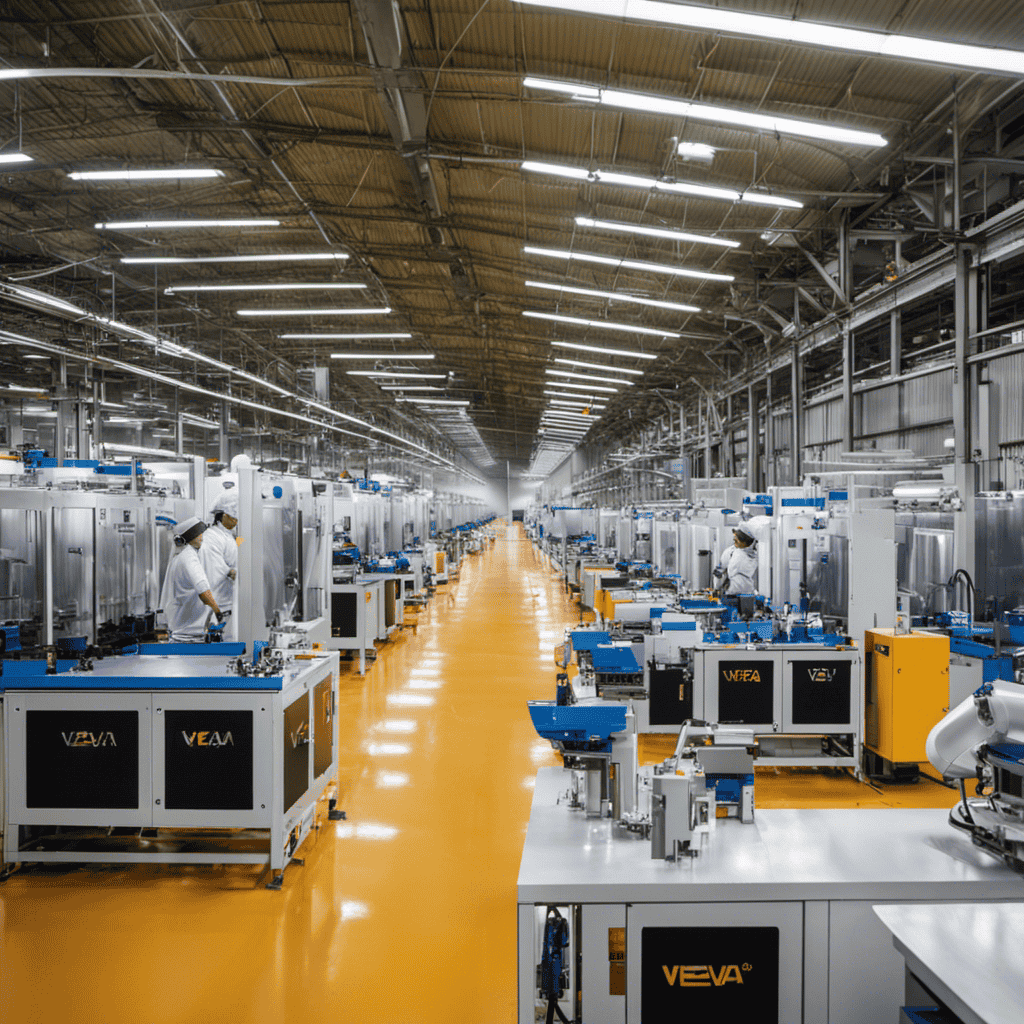An image showcasing a state-of-the-art manufacturing facility, with a well-lit assembly line bustling with workers in Veva-branded uniforms meticulously crafting Veva Air Purifiers, surrounded by cutting-edge technology and quality control stations