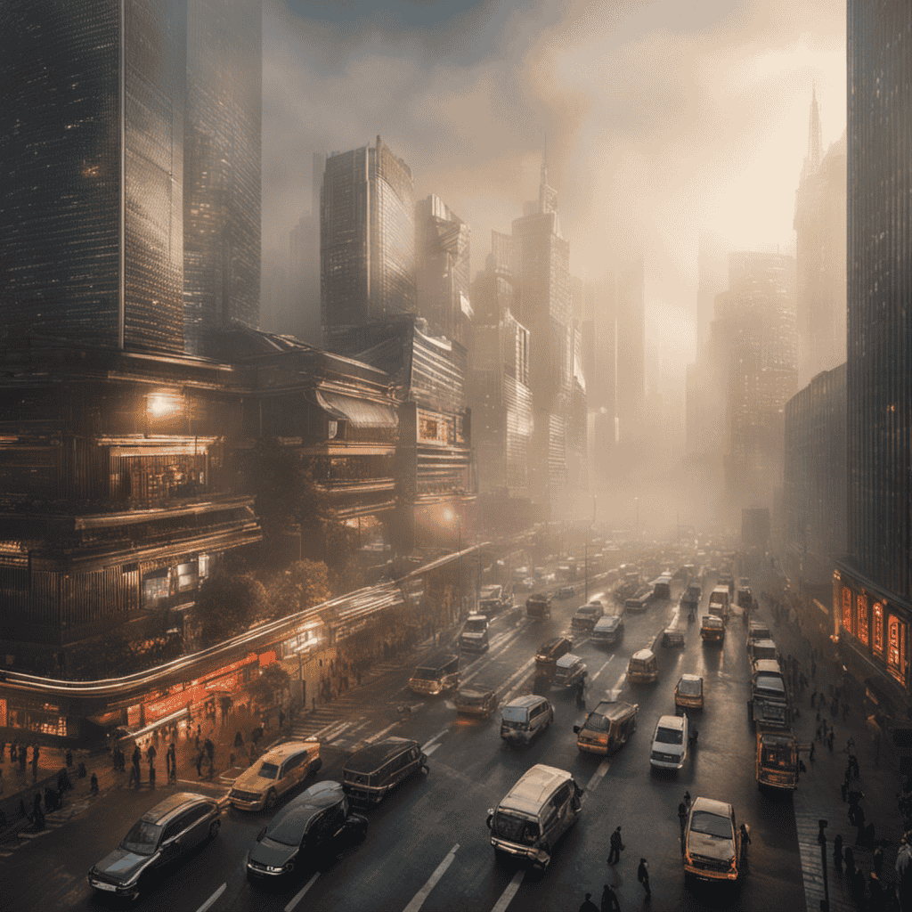 An image featuring a bustling cityscape enveloped in a thick blanket of smog, with people wearing face masks and struggling to breathe, highlighting the necessity of air purifiers for urban dwellers