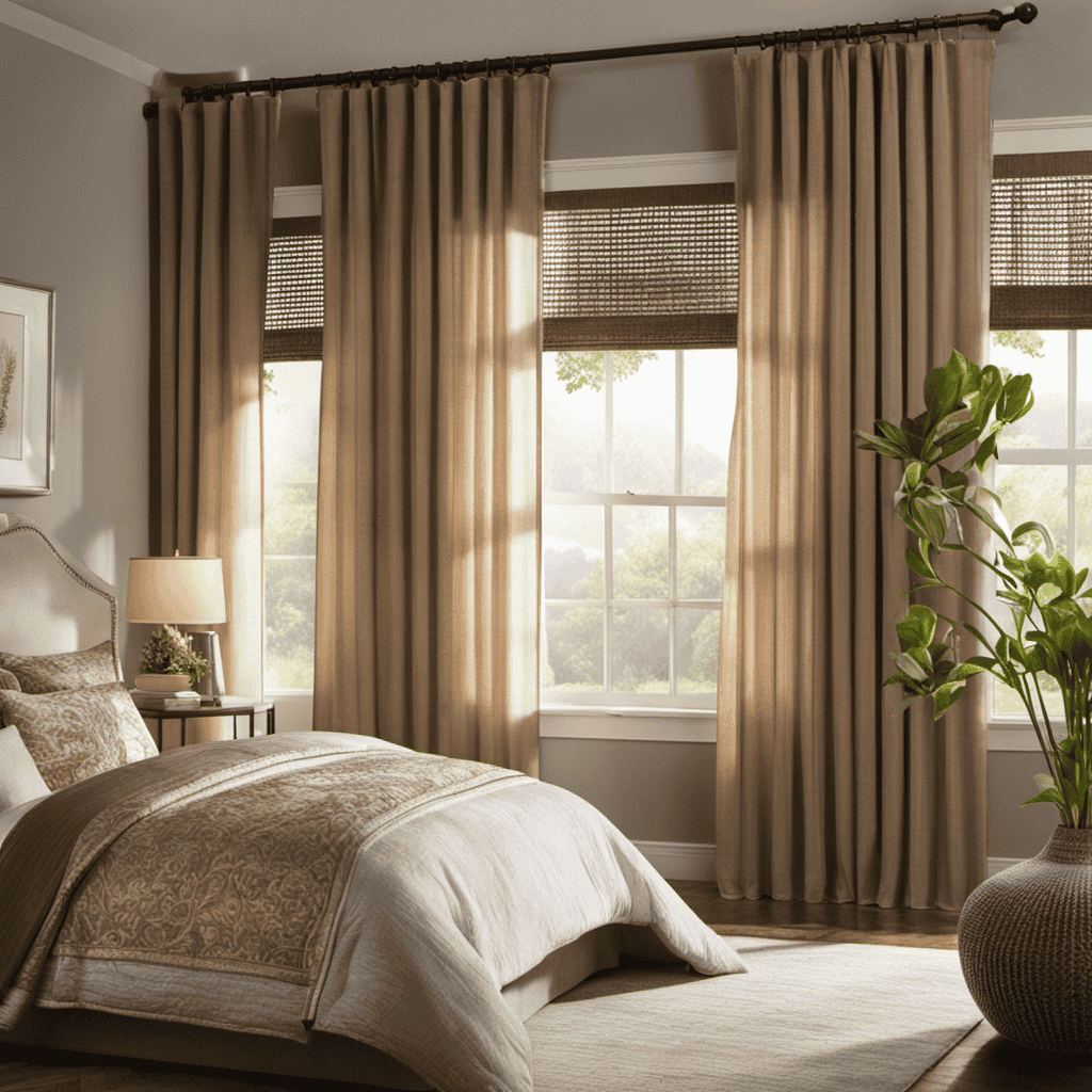 An image depicting a serene bedroom with sunlight filtering through sheer curtains, revealing a family peacefully sleeping, while an air purifier silently eliminates microscopic particles, allergens, and pollutants from the air