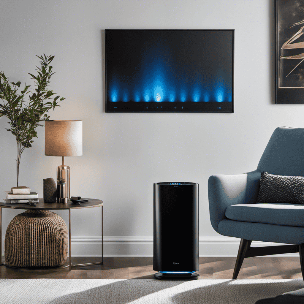 An image showcasing the sleek design of the Hunter 1701 Air Purifier, with its matte black finish and minimalist touch control panel illuminated by a soft blue glow, blending seamlessly into any modern home decor