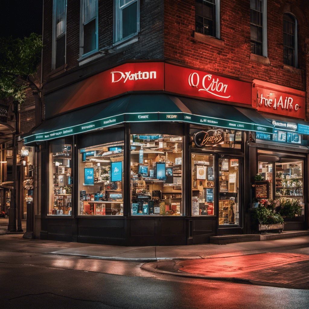 An image showcasing a bustling street in Dayton, Ohio, with a prominent storefront displaying a wide range of IQ Air purifiers