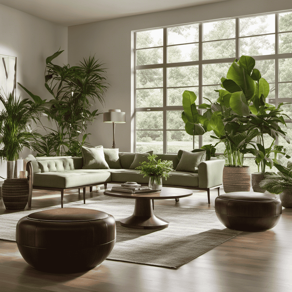 An image showcasing a spacious living room adorned with lush green plants and bathed in natural light, where an Oreck Air Purifier stands prominently, effortlessly blending into the elegant decor