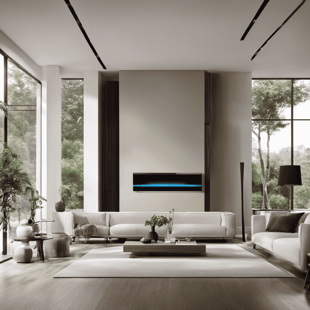 An image showcasing a pristine, modern living room with an Oreck air purifier prominently displayed