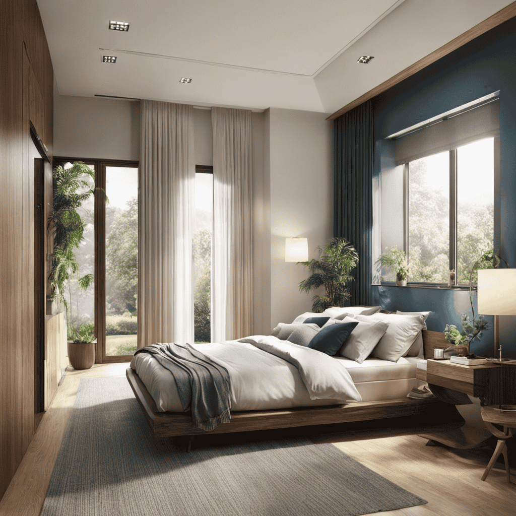 An image showcasing a serene bedroom with sunlight streaming through clean windows, while an air purifier quietly removes microscopic particles from the air, fostering a fresh and healthy environment
