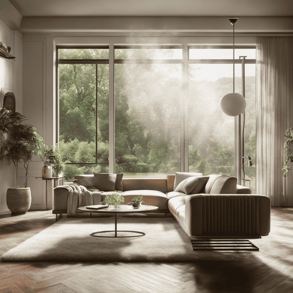 An image showcasing a serene living room with particles floating in the air, emphasizing the need for an air purifier