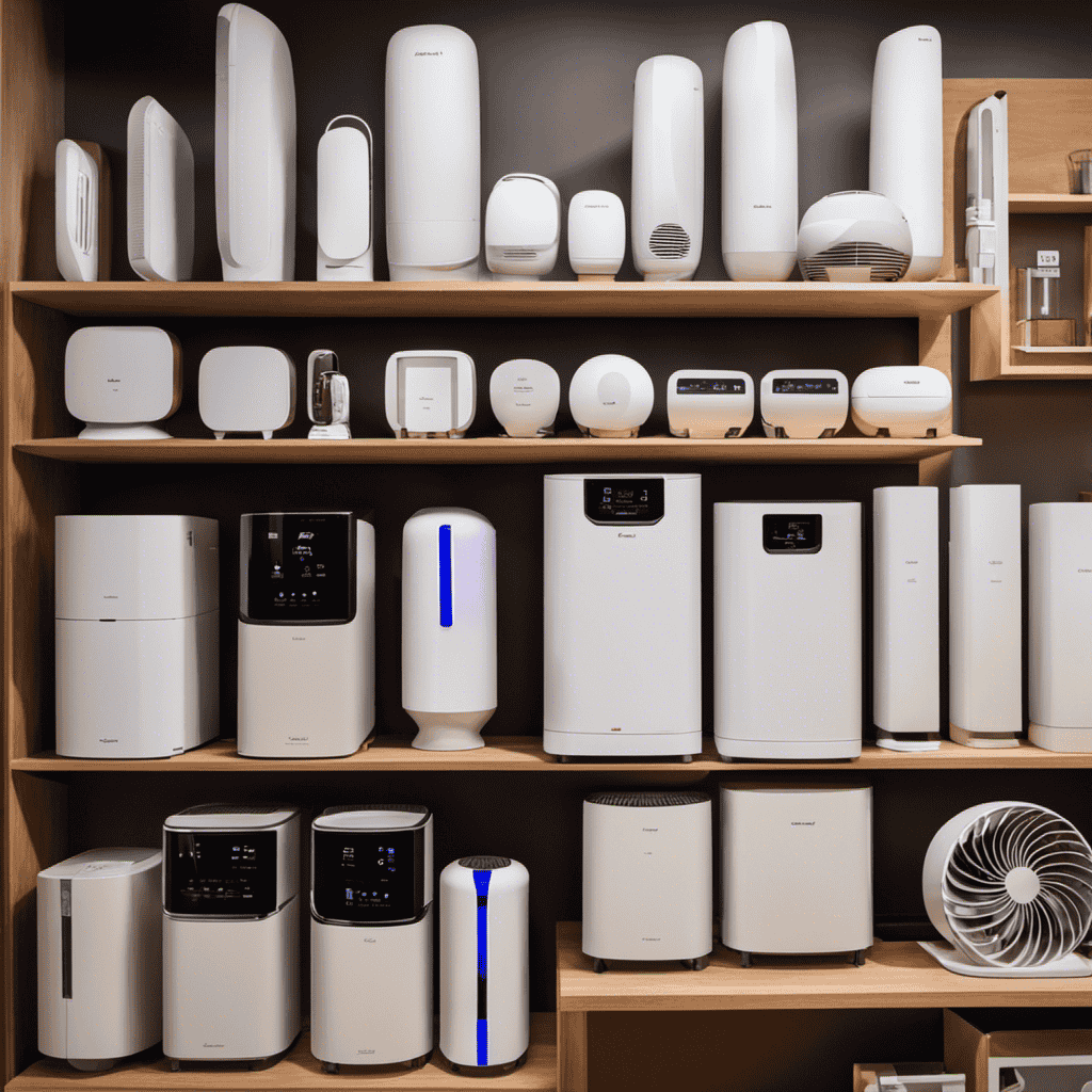 An image showing an array of air purifiers in various sizes, shapes, and designs, displayed on a store shelf