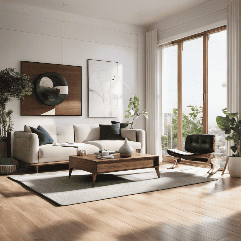 An image showcasing a serene living room with sunlight filtering through clean windows, while an elegantly designed air purifier quietly removes floating particles, leaving the air fresh and pure