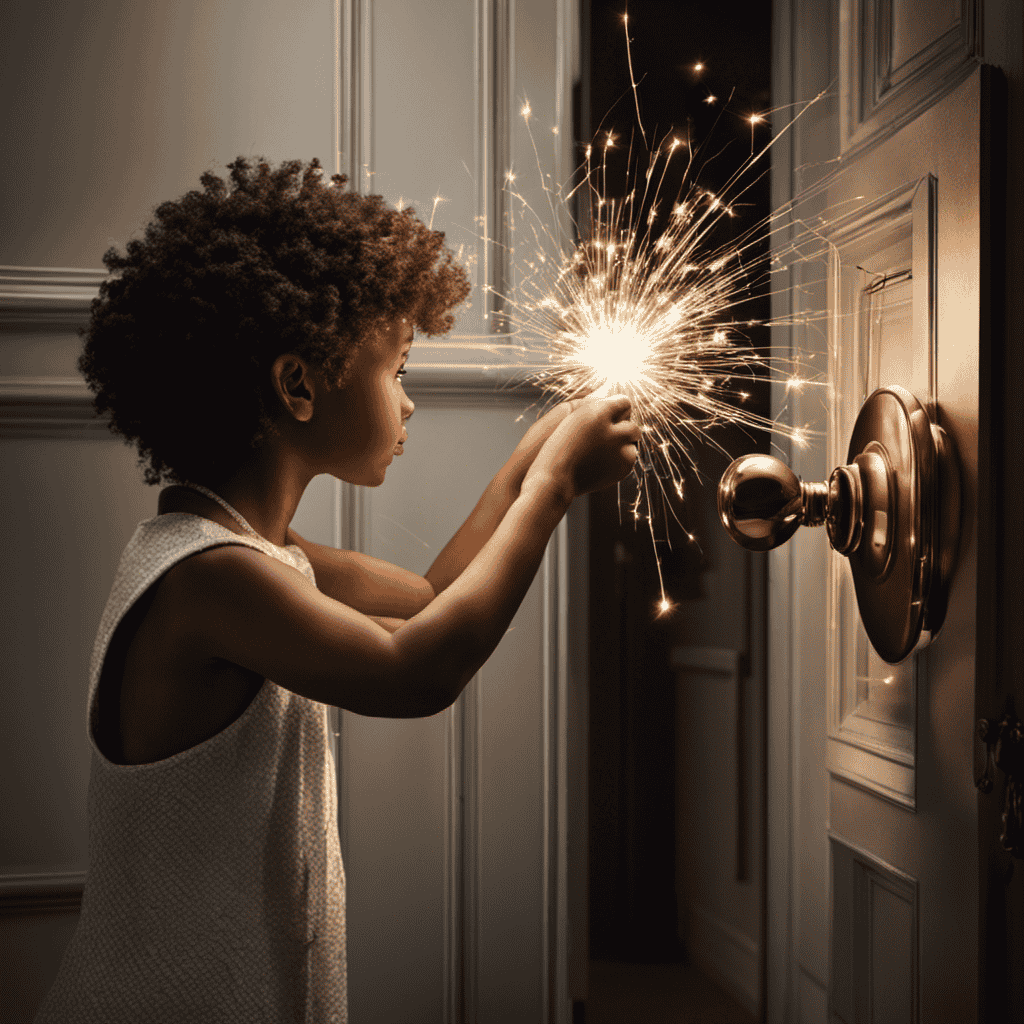 An image showcasing a person reaching out to touch a doorknob, with their hair standing on end and tiny sparks of static electricity crackling between their finger and the doorknob