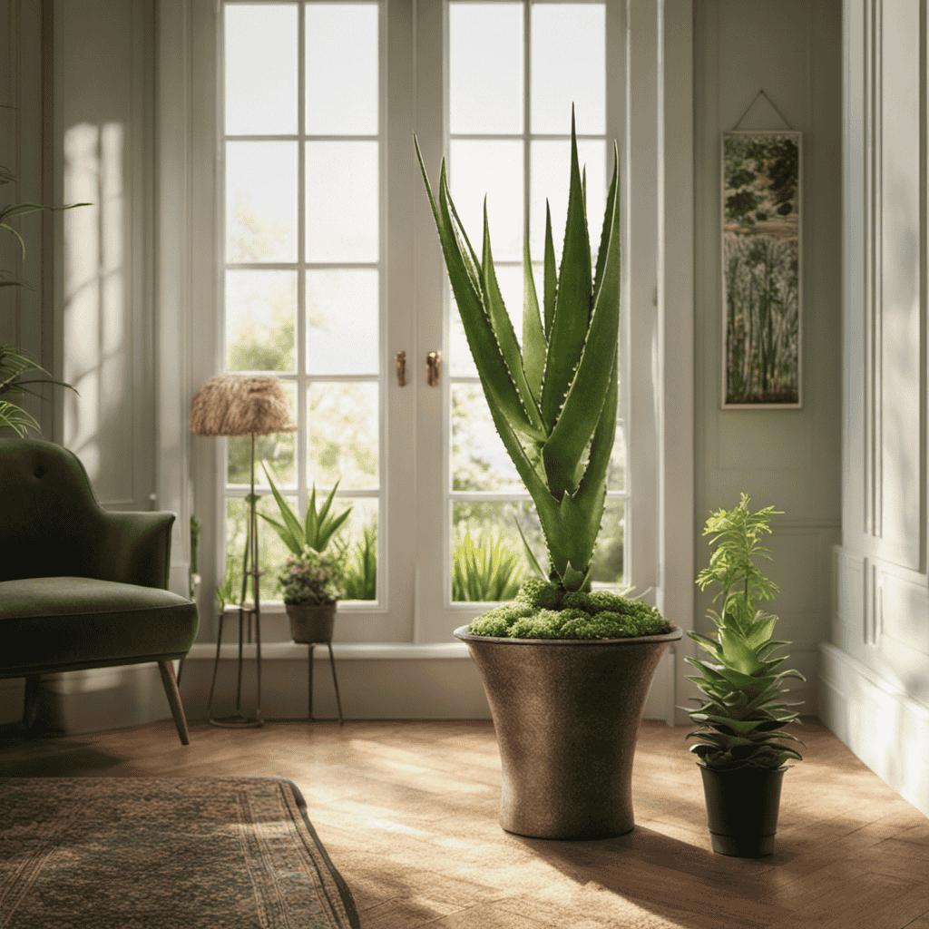 An image showcasing a sunlit room with an Aloe plant placed near a window