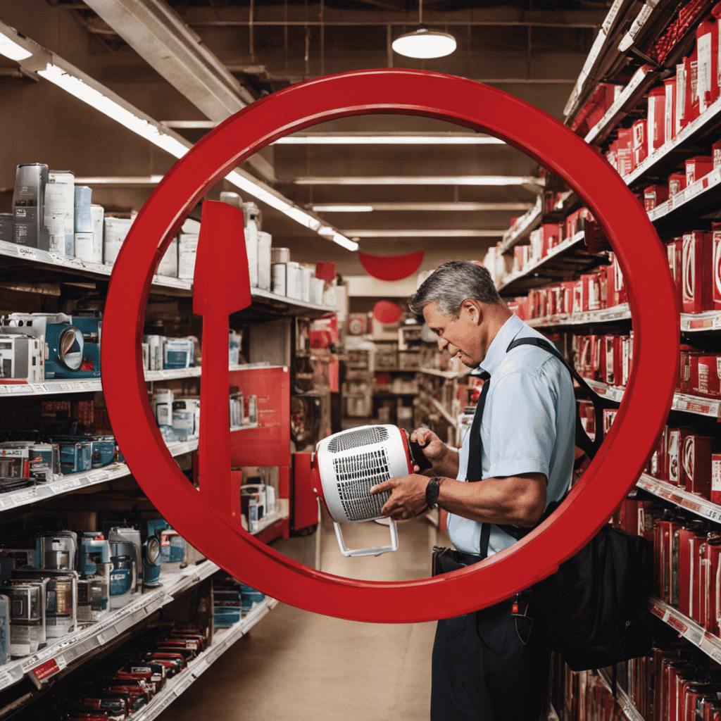An image showcasing a frustrated Californian holding a Holmes air purifier, surrounded by empty store shelves, with a large red circle and cross over an Aer brand filter, emphasizing the unavailability in California