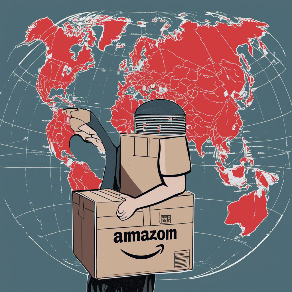 An image depicting a frustrated customer holding an Amazon box with crossed-out air purifier, surrounded by a world map marked with red X's, highlighting restricted delivery areas