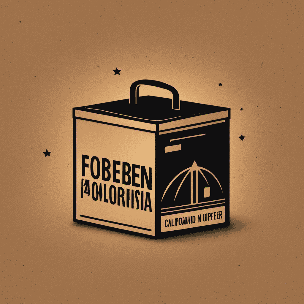 An image depicting a closed cardboard box with an air purifier inside, labeled with prominent cautionary symbols indicating "Forbidden in California" and a crossed-out silhouette of the state
