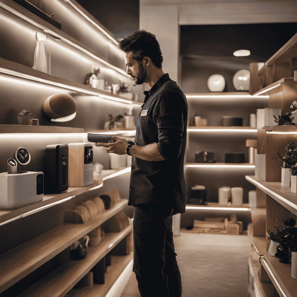 An image showcasing a frustrated customer standing in front of an empty shelf where the Philips Gopure Compact 200 Air Purifier should be, with a disappointed expression and empty hands