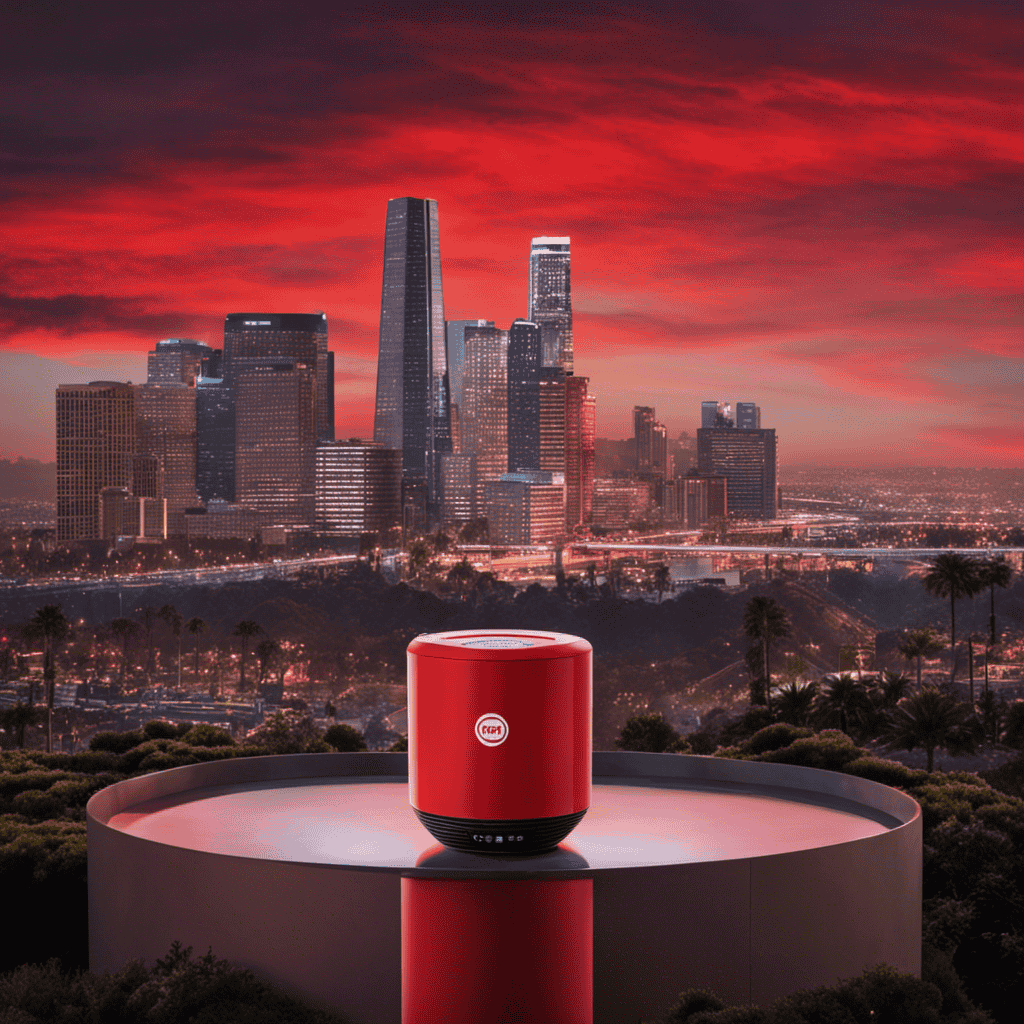 An image showcasing a Silveronyx Air Purifier surrounded by a red "no entry" symbol against a backdrop of California's iconic landmarks, emphasizing the frustration of not being able to ship the purifier to the state