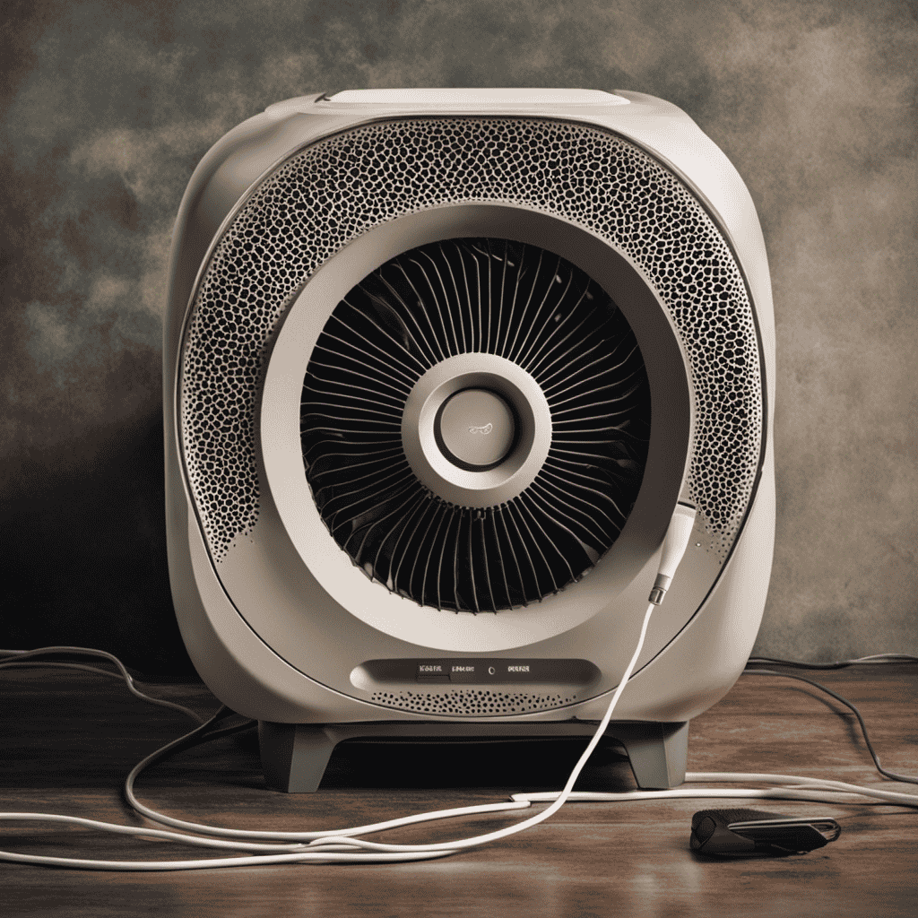 An image showcasing a malfunctioning air purifier against a backdrop of dusty, neglected surfaces