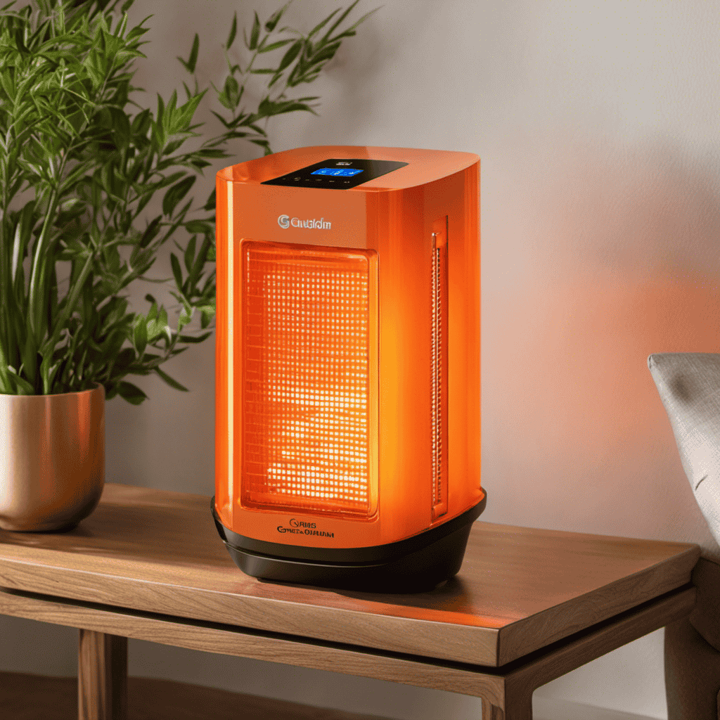 An image showcasing a Germ Guardian Plug in UV-C Air Purifier, with its UV-C light emitting a vibrant orange hue