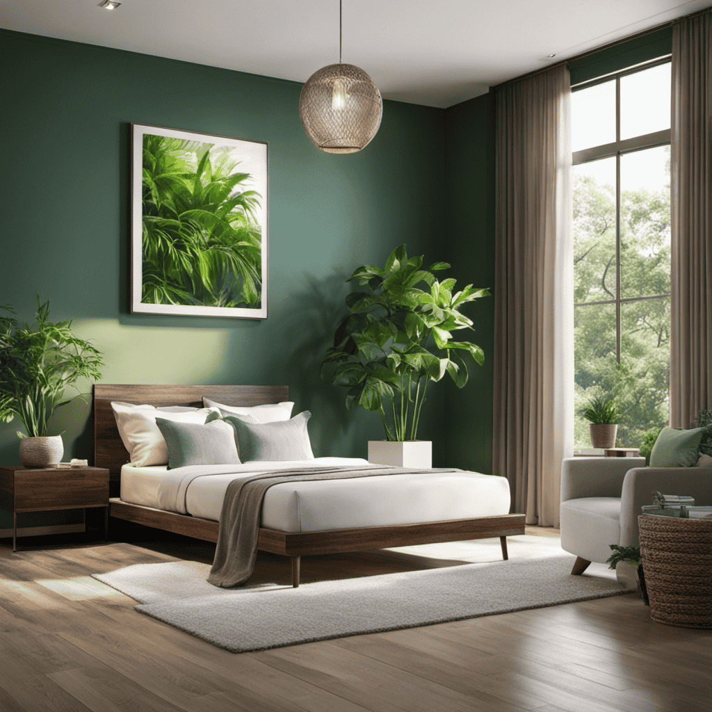 An image depicting a serene bedroom, illuminated by soft natural light, with a vibrant green plant flourishing nearby