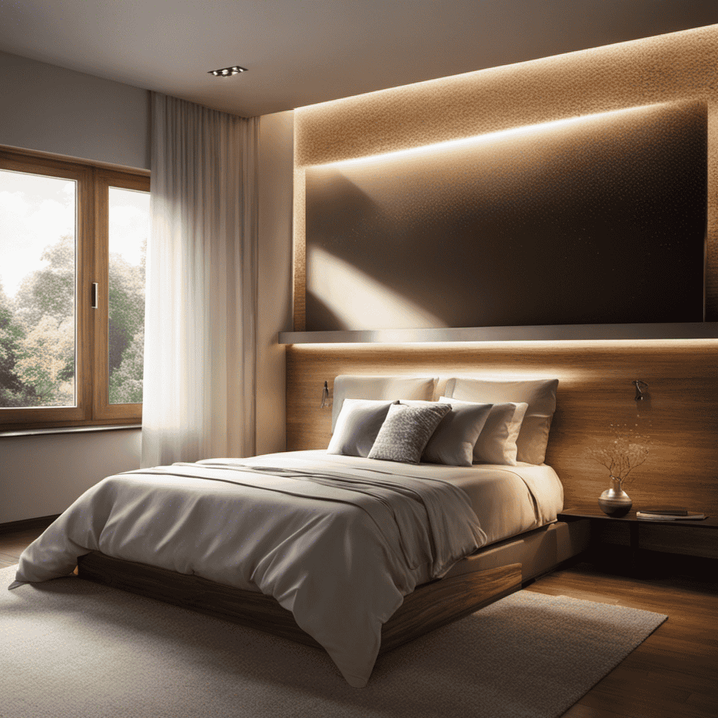 An image depicting a serene bedroom with a beam of sunlight revealing dust particles suspended in the air