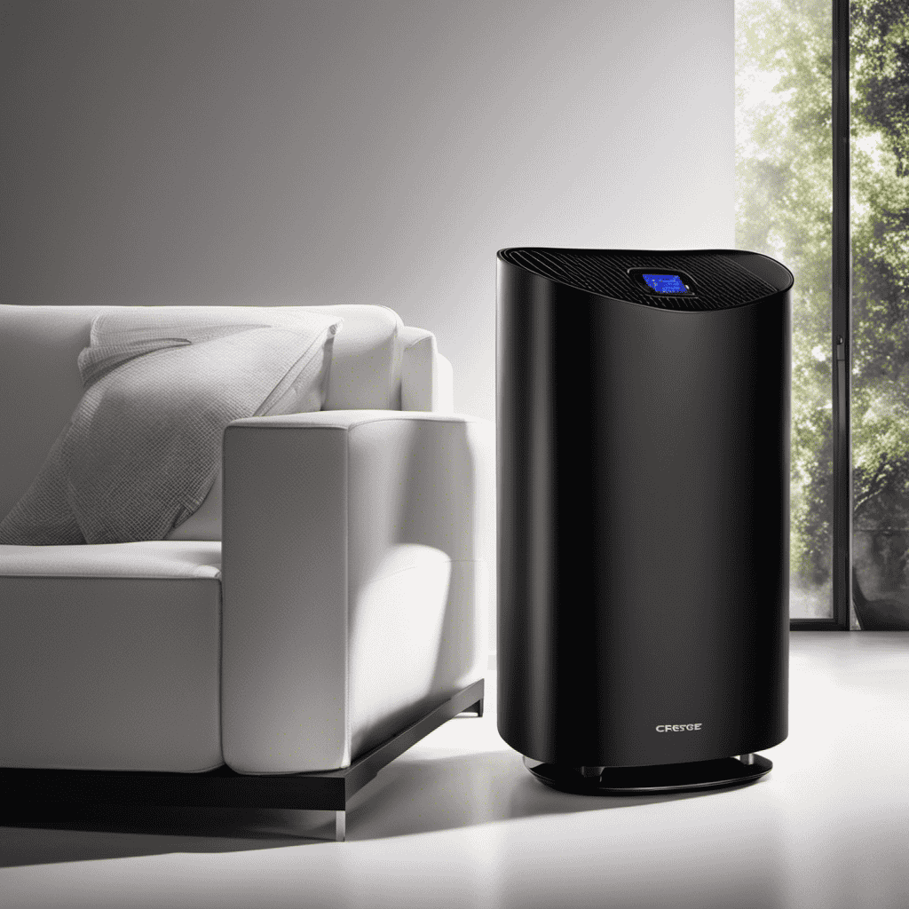 An image showcasing an air purifier with a black plastic casing emitting an unpleasant odor