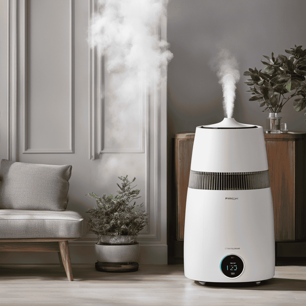 An image showcasing a humidifier and an air purifier placed side by side, with moisture particles surrounding the humidifier and clean, purified air emanating from the air purifier