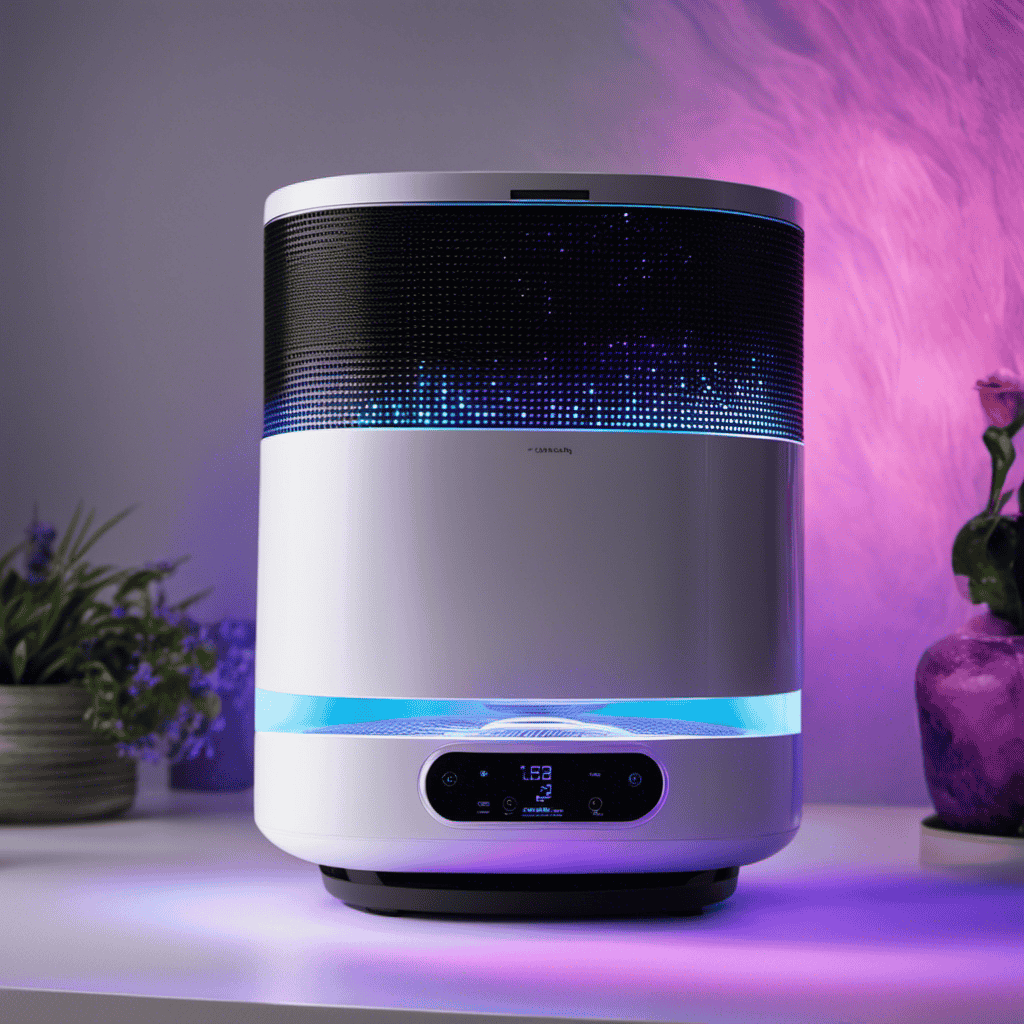 An image for a blog post on "Why Does My Air Purifier Have UV Setting?" Capture a sleek air purifier with a glowing ultraviolet light inside, surrounded by floating particles that symbolize purified air