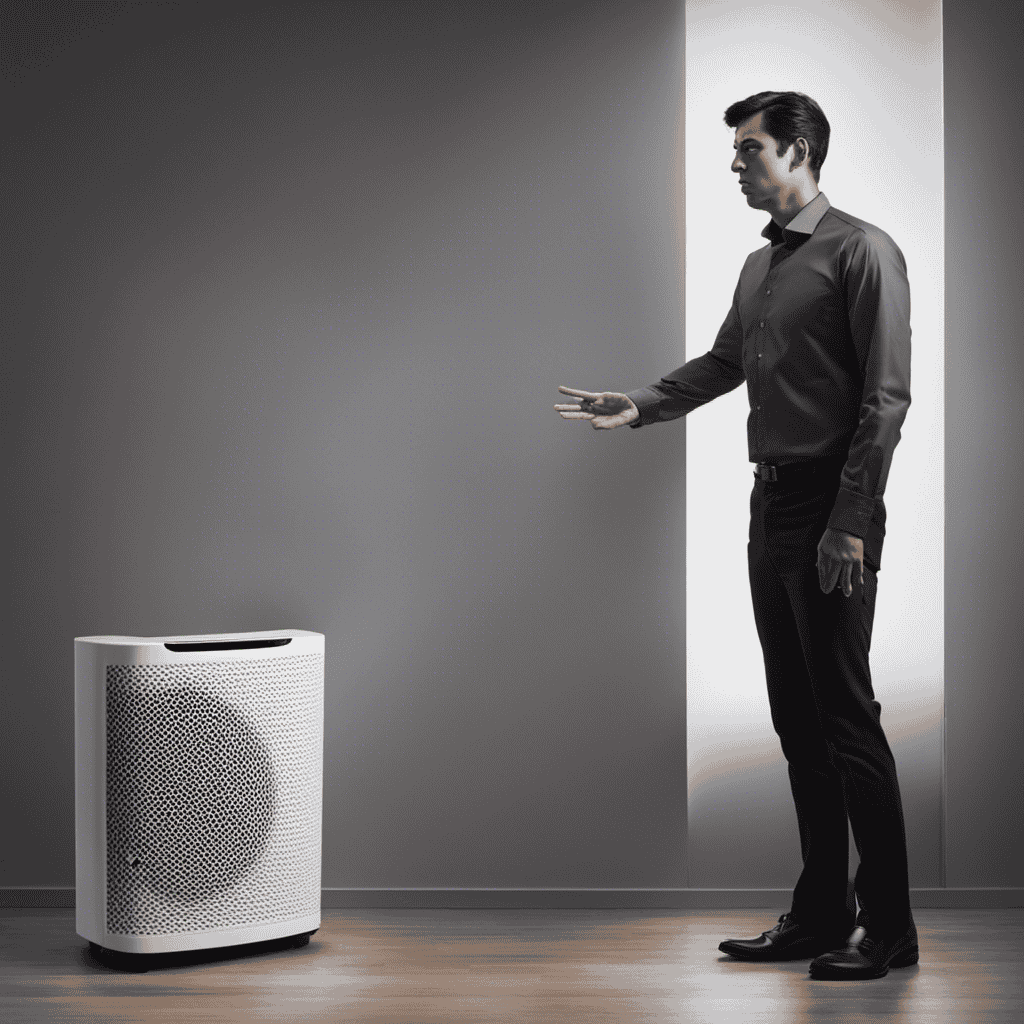 An image that showcases a frustrated person standing beside an air purifier, with a puzzled expression, as the purifier repeatedly shuts off