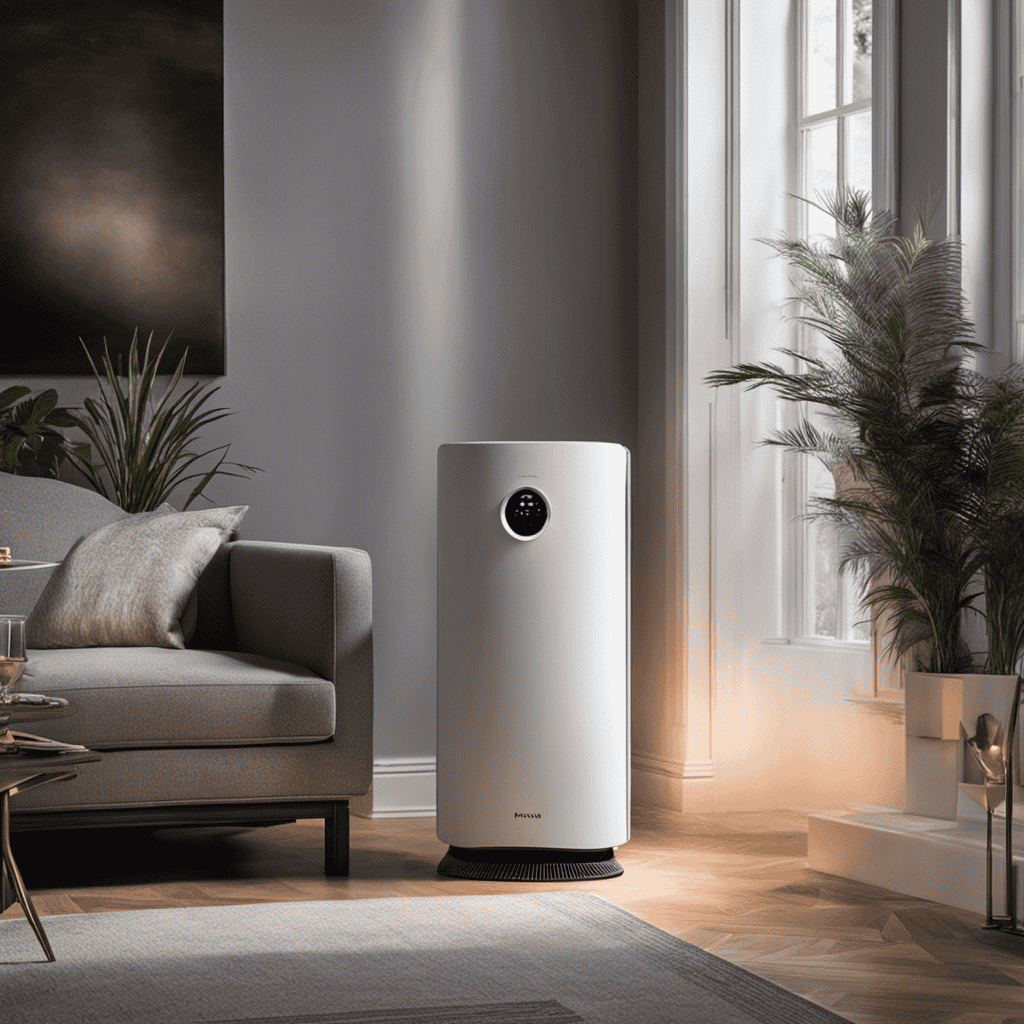 An image showing an air purifier in a dimly lit room with an electrical spark frozen in time, capturing the moment when it makes a sudden snap sound