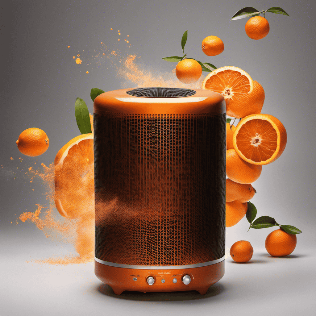 An image of an air purifier releasing a vibrant orange haze, with nearby oranges showing signs of decay, as a visual representation of the curious phenomenon of air purifiers reacting to oranges