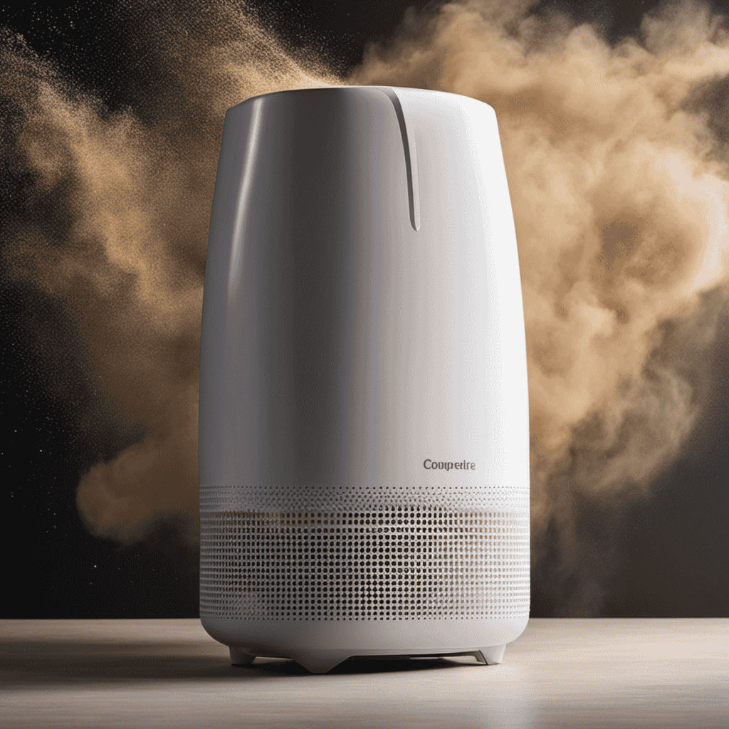 An image capturing the scene of an air purifier emitting a foul odor, with a close-up focus on the purifier's filter covered in dust and dirt, surrounded by swirling particles