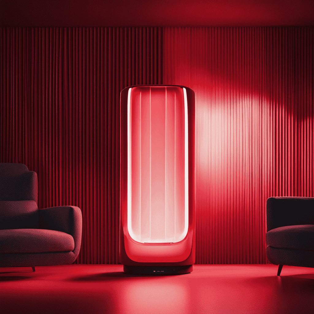 An image showcasing an air purifier emitting a vibrant red light, contrasting against a dimly lit room