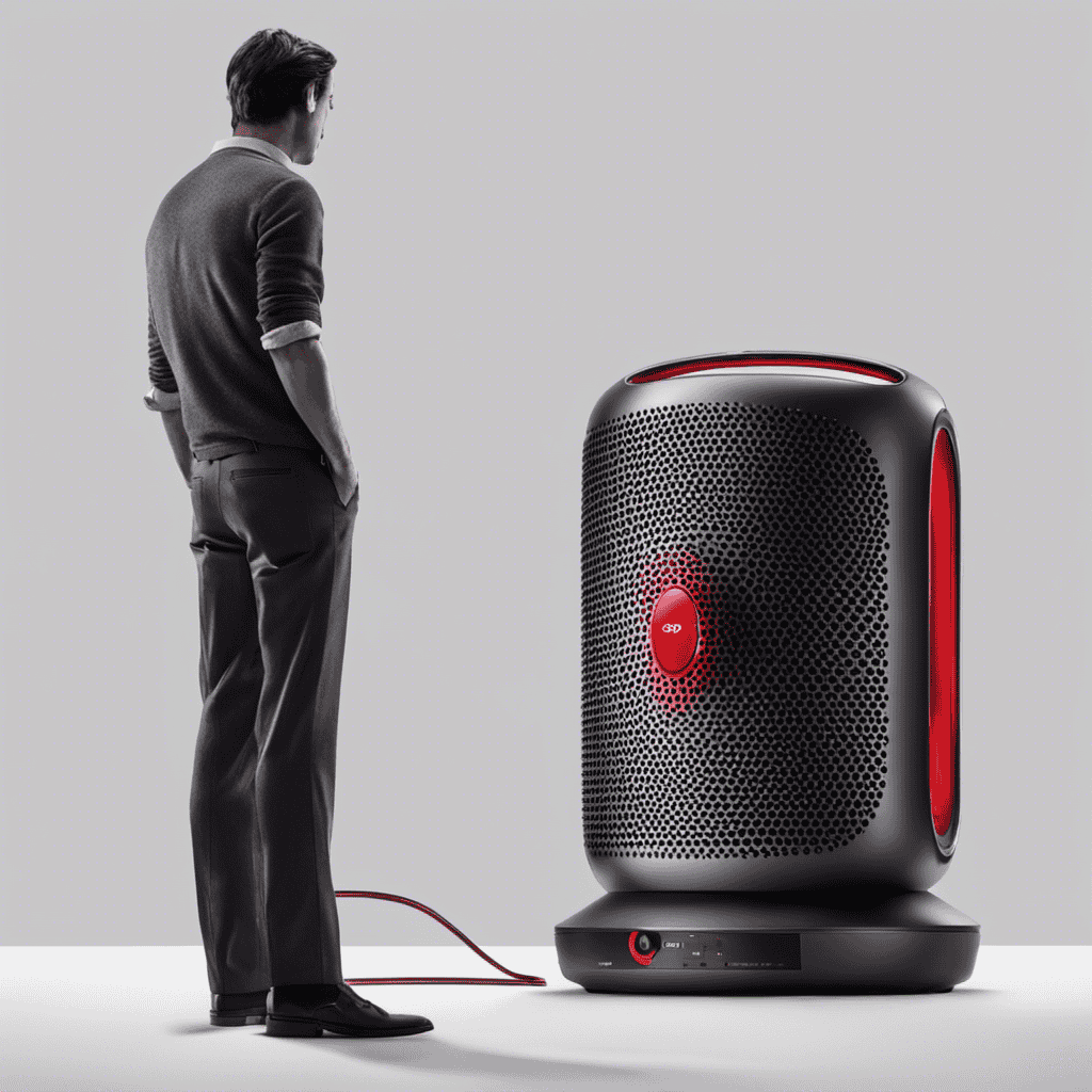 An image depicting a frustrated individual staring at a Dyson air purifier with a red "power" button, surrounded by dimly lit surroundings, emphasizing the perplexity of why it keeps shutting down