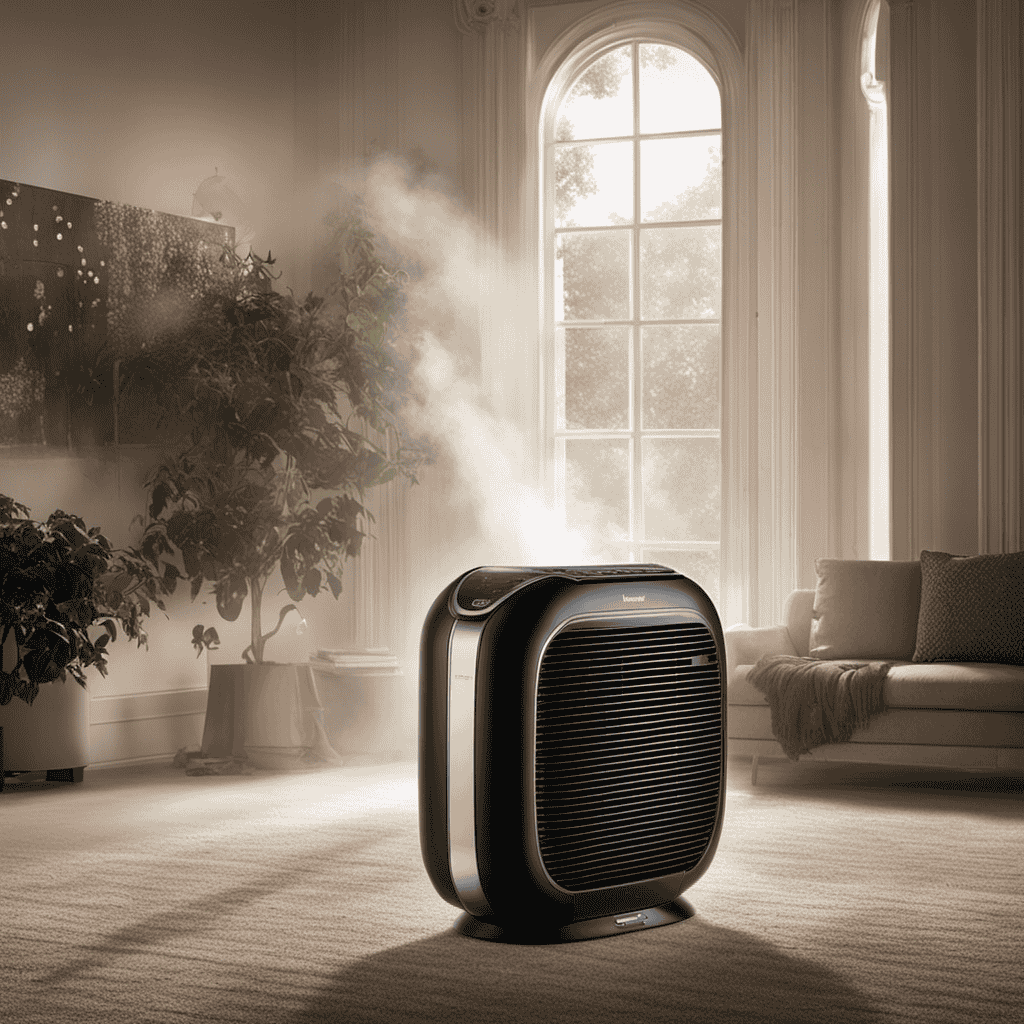 An image showing a Honeywell air purifier with a red blinking power button, surrounded by a room filled with floating dust particles, emphasizing frustration and confusion