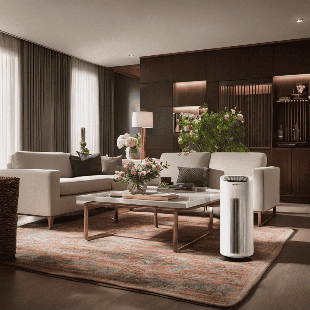 An image showcasing a Honeywell True HEPA Air Purifier in a cozy living room