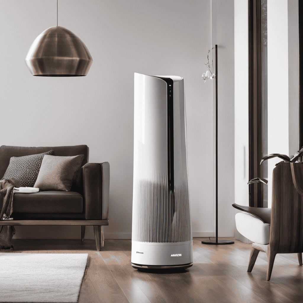 An image showcasing the Mammoth Air Purifier in action: a sleek, modern device standing tall in a living room, effortlessly filtering the air while rays of sunlight illuminate the purified atmosphere and a family enjoys the fresh, clean environment