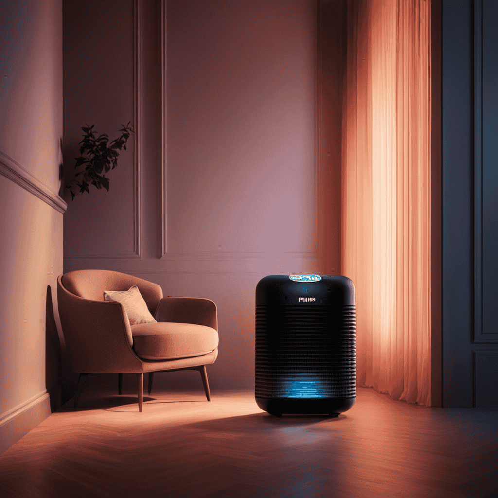 An image featuring a dimly lit room with a Philips Air Purifier 2000 prominently displayed in the foreground